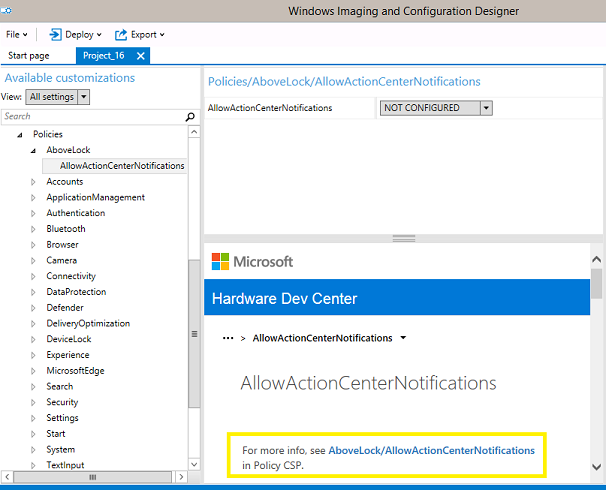 In Windows Configuration Designer, how help content appears in ICD.