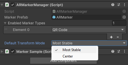 The ARMarkerManager Component's Default Transform Mode Inspector Field