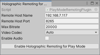 Screenshot of the Holographic Remoting for Play Mode.