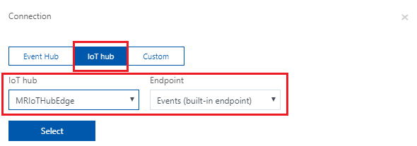 Screenshot that shows the I O T hub tab open. The I O T hub and End point fields are circled in red.