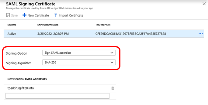 Voorbeeld: pagina samL-handtekeningcertificaat