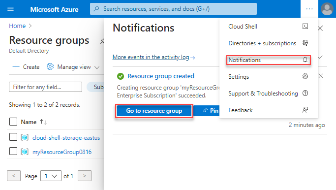Schermopname van Azure Portal met de knop Ga naar resourcegroep in het deelvenster Meldingen.