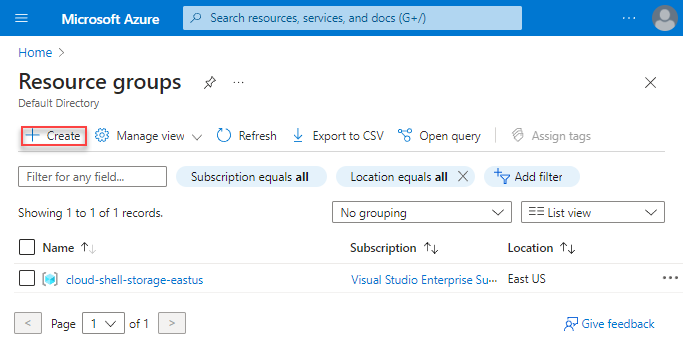 Schermopname van Azure Portal met Resourcegroepen en Toevoegen gemarkeerd.