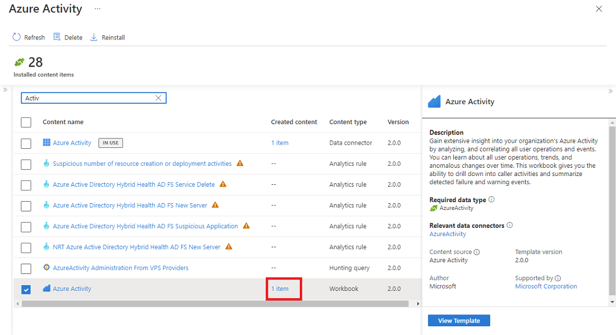Schermopname van opgeslagen werkmapitem in oplossing voor Azure-activiteit.