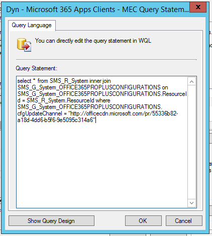 A screenshot from Configuration Manager Wizard showing the query editor.