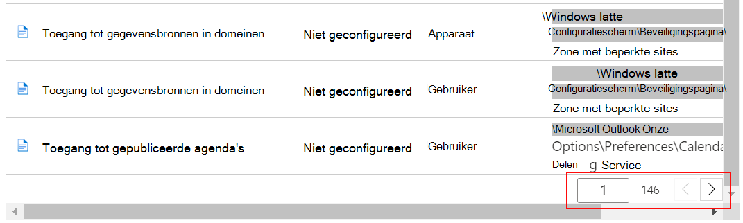 Bekijk een voorbeeldlijst met instellingen en gebruik vorige en volgende knoppen in het Intune-beheercentrum en Microsoft Intune.