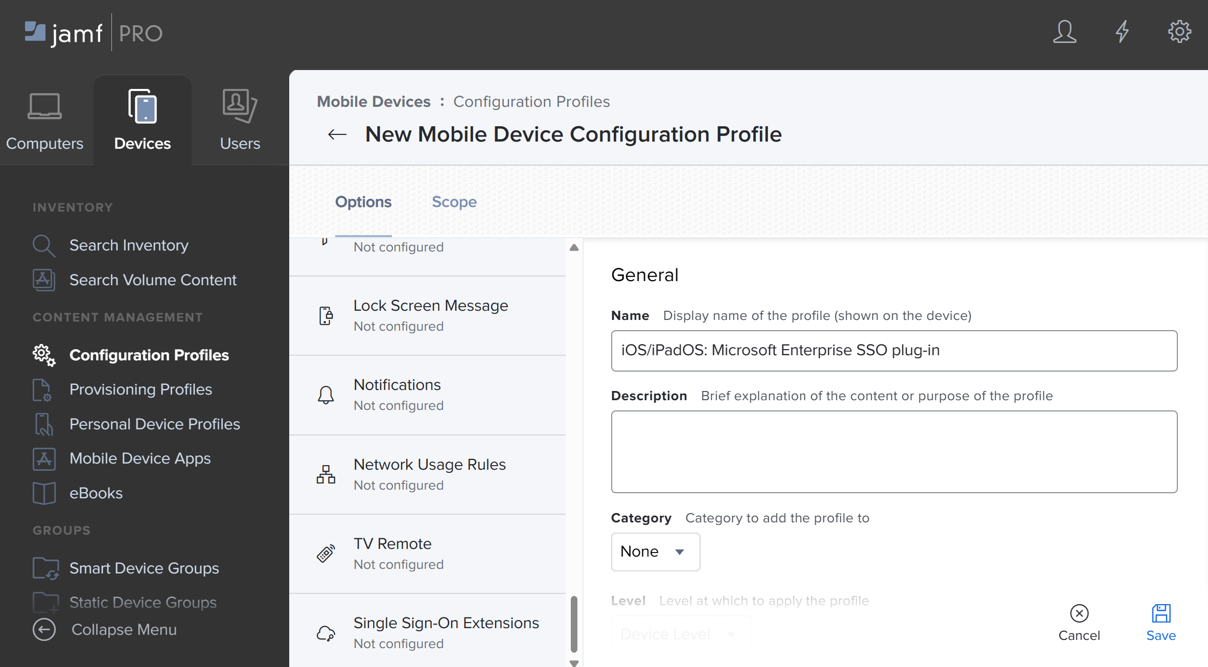 Schermopname van de Jamf Pro-portal. Selecteer de optie SSO voor configuratieprofielen en selecteer Toevoegen voor iOS-/iPadOS-apparaten.