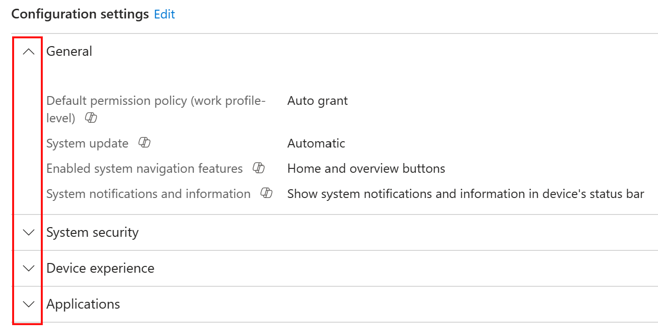 Schermopname die laat zien hoe u een categorie uitvouwt om de copilot-knopinfo te zien in Microsoft Intune en het Intune-beheercentrum.