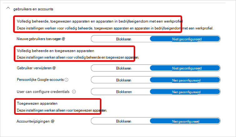 Schermopname van de instellingheaders voor Gebruikers en Accounts van Android Enterprise en de inschrijvingstypen waarop ze in Microsoft Intune van toepassing zijn.