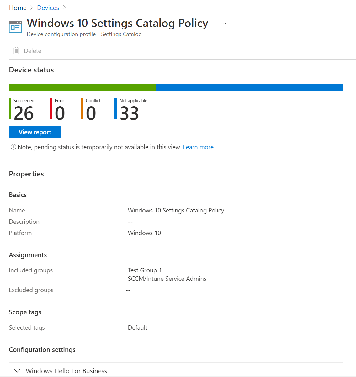 Schermopname die laat zien hoe u het catalogusbeleid voor instellingen selecteert om de apparaatstatus, beleidsstatus en eigenschappen in Microsoft Intune en het Intune-beheercentrum te bekijken.