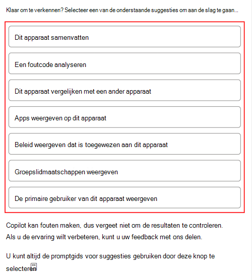 Schermopname van de copilot-voorbeeldprompts nadat u een apparaat hebt geselecteerd in Microsoft Intune en Intune beheercentrum.