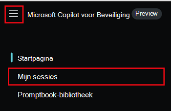 Schermopname van het menu Microsoft Copilot for Security en Mijn sessies met eerdere sessies in de Copilot for Security-portal.
