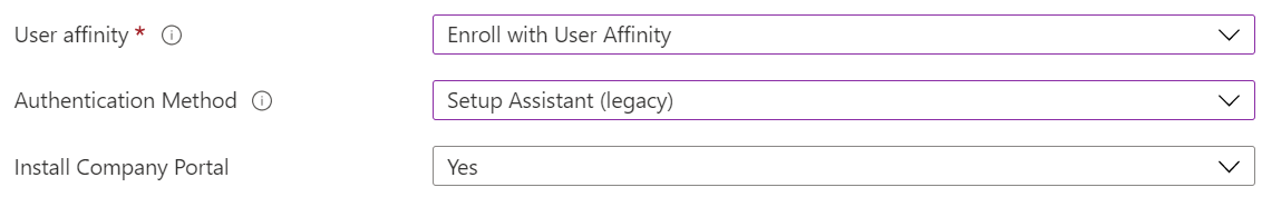 Registreer iOS-/iPadOS-apparaten in het Intune-beheercentrum en Microsoft Intune met behulp van automatische apparaatinschrijving (ADE). Selecteer Inschrijven met gebruikersaffiniteit, gebruik de Configuratieassistent voor verificatie en installeer de bedrijfsportal-app.