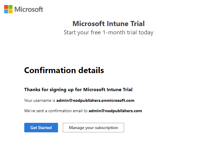 Schermopname van de pagina Microsoft Intune account instellen - Bevestigingsdetails