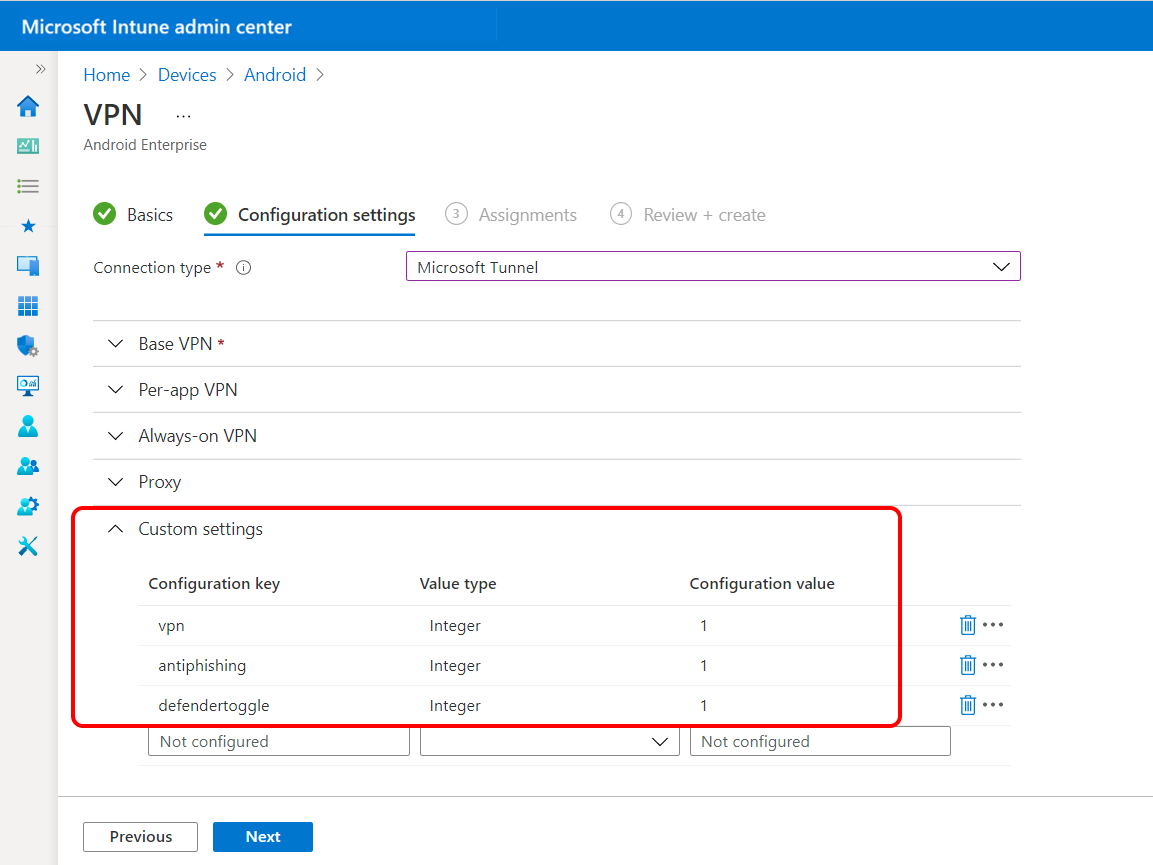 Aangepaste instellingen configureren in het VPN-profiel voor Microsoft Defender voor Eindpunt