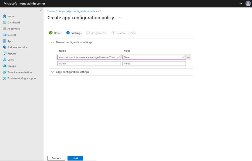 Afbeelding met de configuratiesleutel en waarde van de identiteitsswitch voor MAM Tunnel op onbeheerde Android-apparaten in Microsoft Intune.