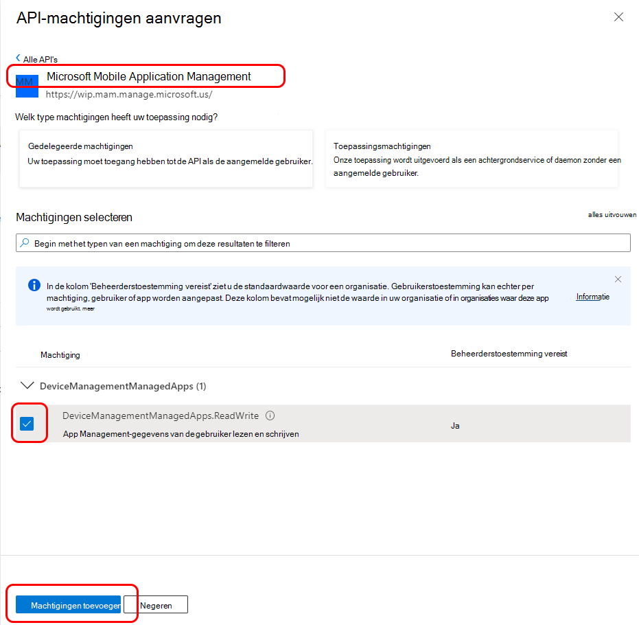 API-machtigingen configureren voor Microsoft Mobile Application Management.