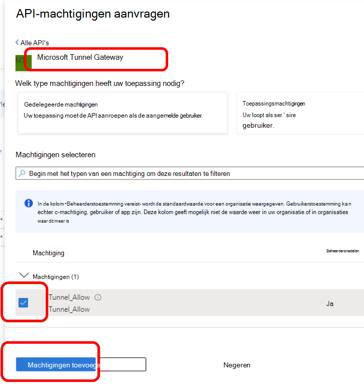 API-machtigingen configureren voor Microsoft Tunnel Gateway.