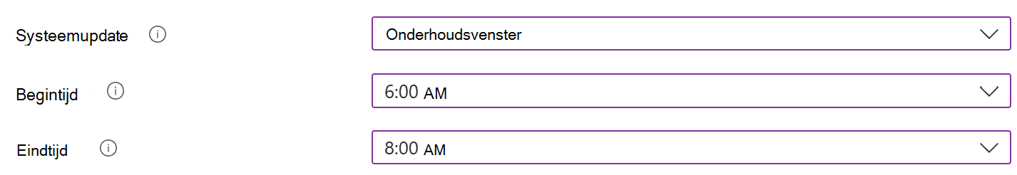 Schermopname van de instelling voor systeemupdates met een onderhoudsvenster voor Android Enterprise-apparaten in het Microsoft Intune-beheercentrum.