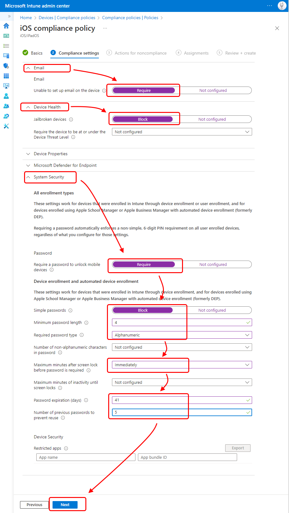 Configuratie van het iOS-nalevingsbeleid.