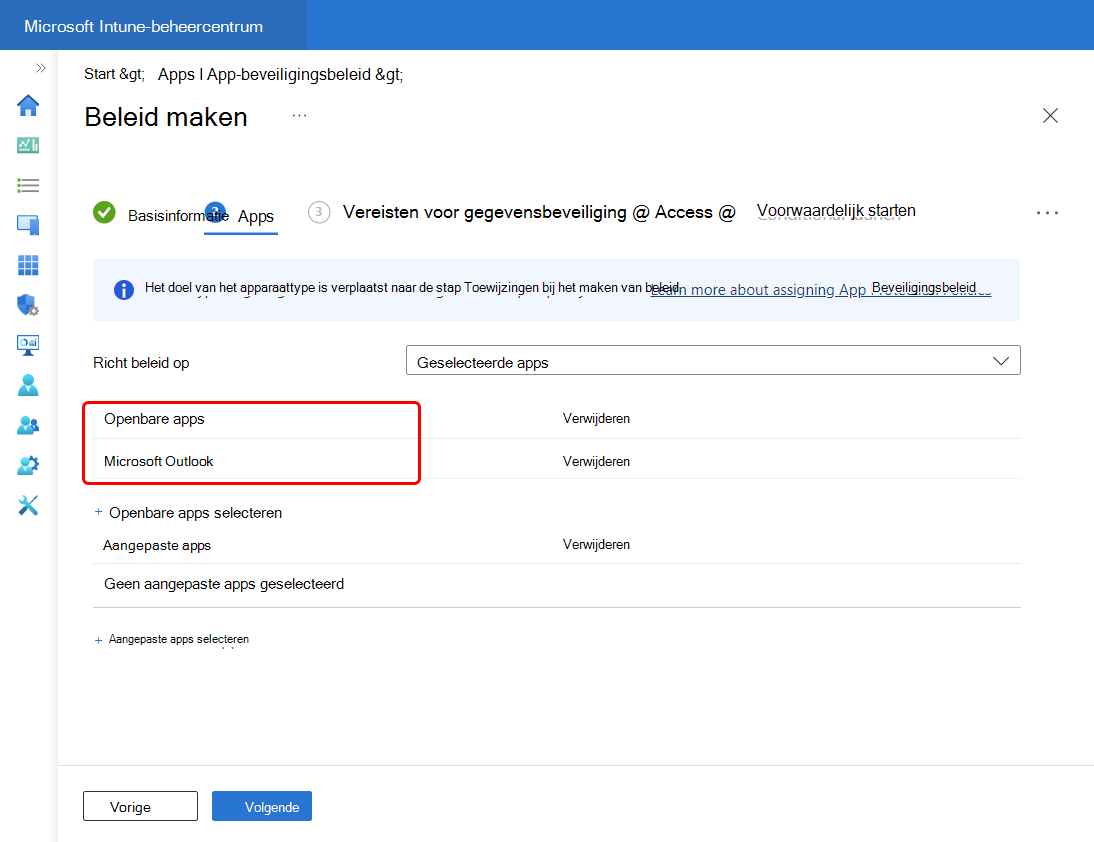 Selecteer Outlook om het toe te voegen aan de lijst met openbare apps voor dit beleid.
