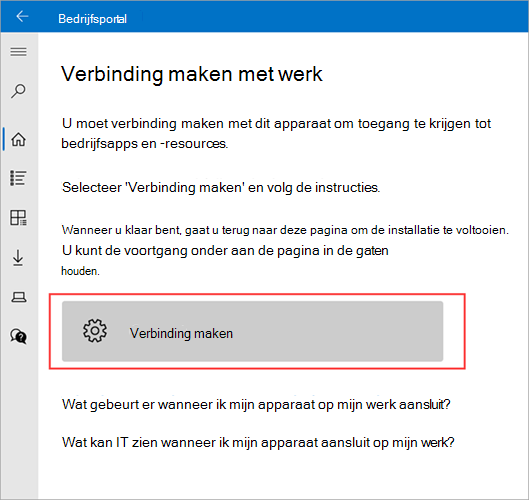 Voorbeeldafbeelding van Bedrijfsportal > scherm Verbinding maken met werk met de knop Verbinding maken gemarkeerd.