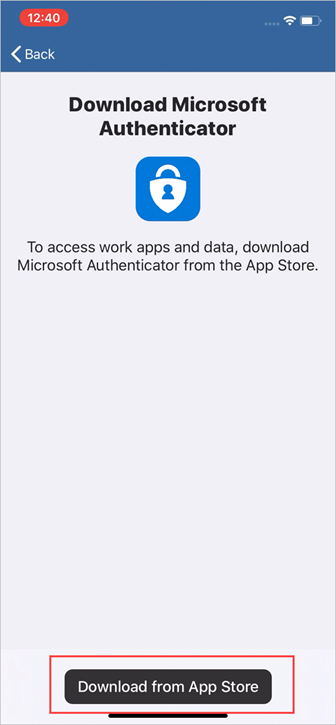 Voorbeeldschermopname van Bedrijfsportal, scherm 'Download Microsoft Authenticator'.