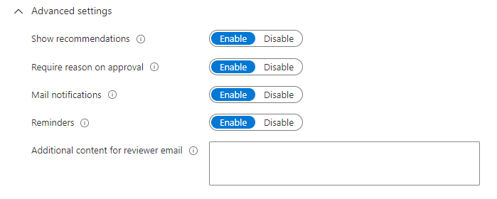 Geavanceerde instellingen voor het weergeven van aanbevelingen, vereisen reden voor goedkeuring, e-mailmeldingen en herinneringen.