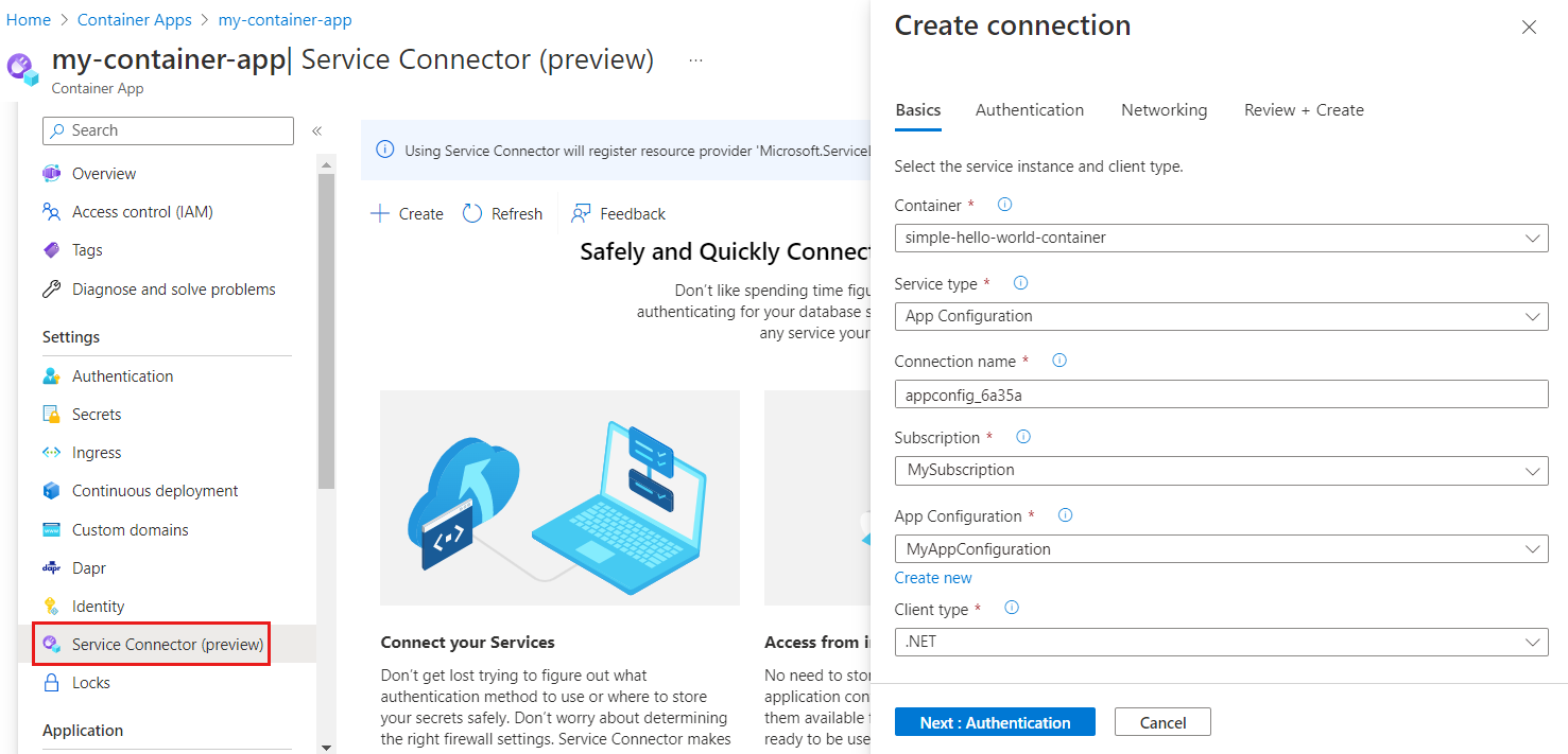 Schermopname van het Azure-platform met een formulier in het menu Service Connector in een container-app.
