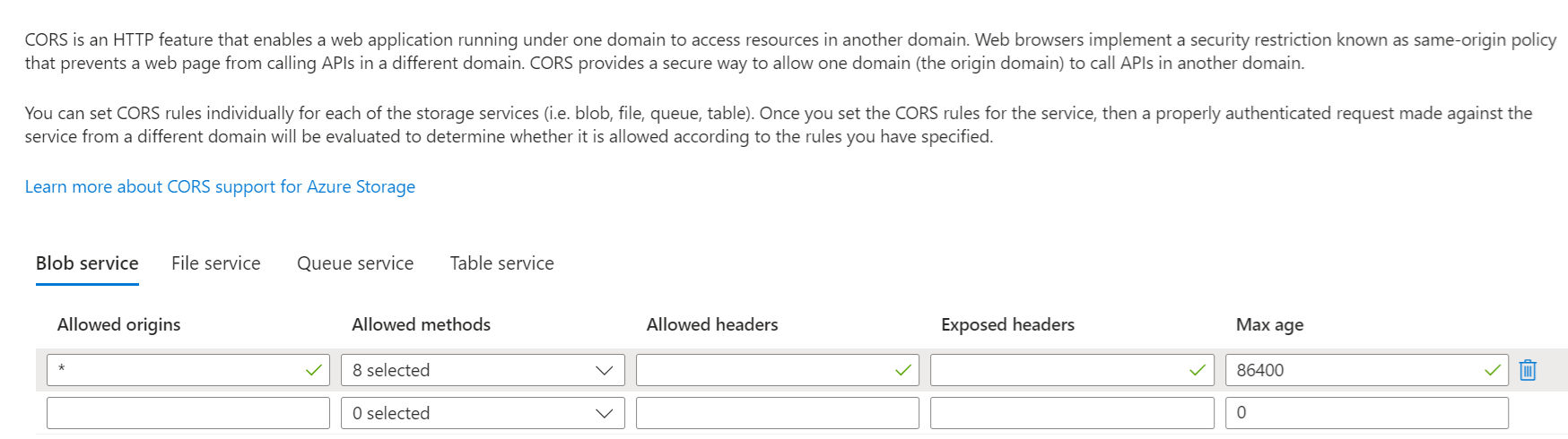 Schermopname van de pagina Resource delen voor de configuratie van de Blob-service.