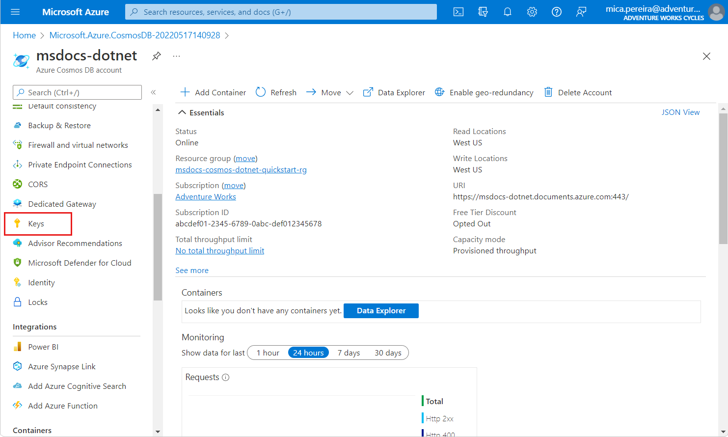 Schermopname van een azure Cosmos DB SQL API-accountpagina. De optie Sleutels is gemarkeerd in het navigatiemenu.