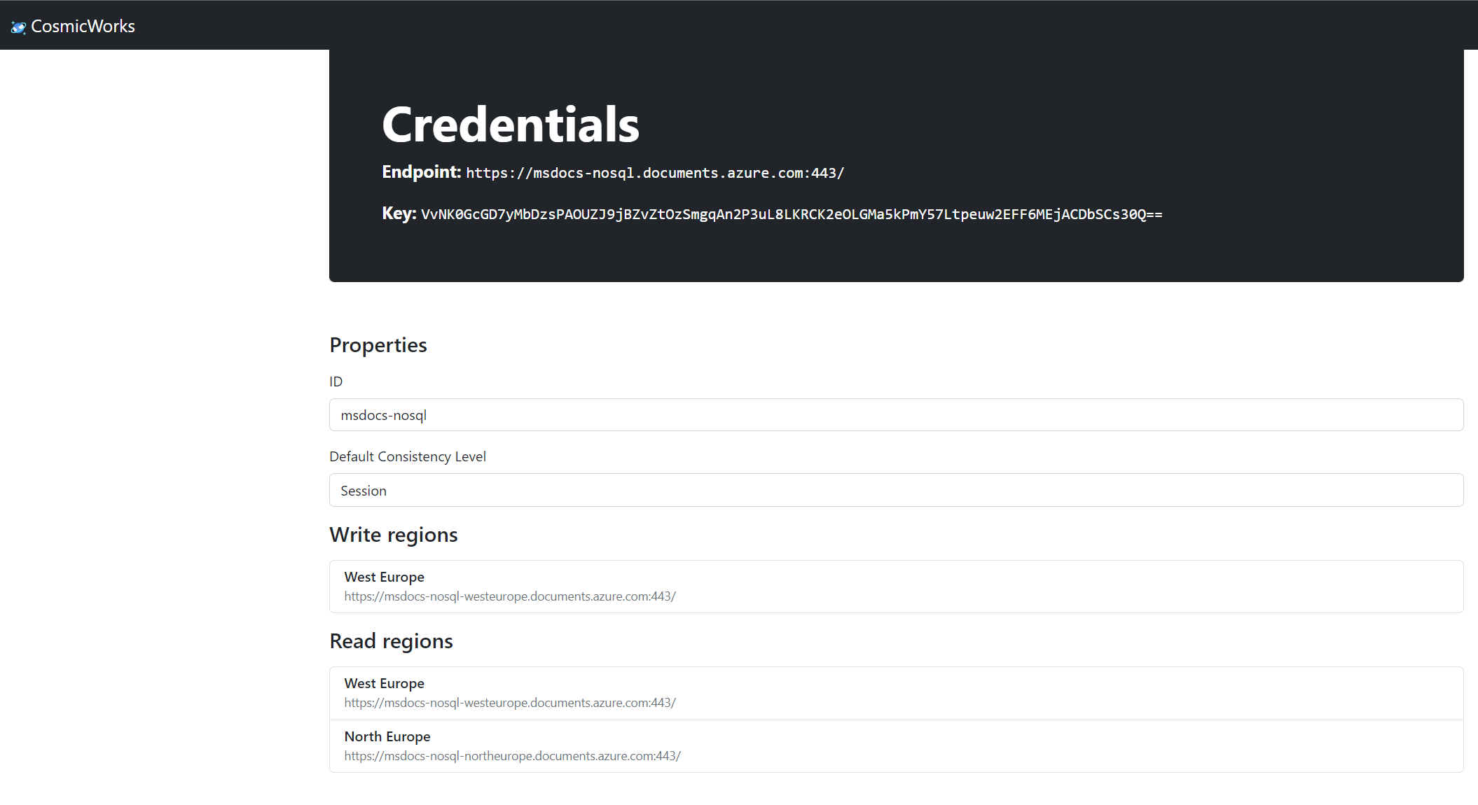 Schermopname van de webtoepassing met geldige Azure Cosmos DB for NoSQL-accountreferenties.