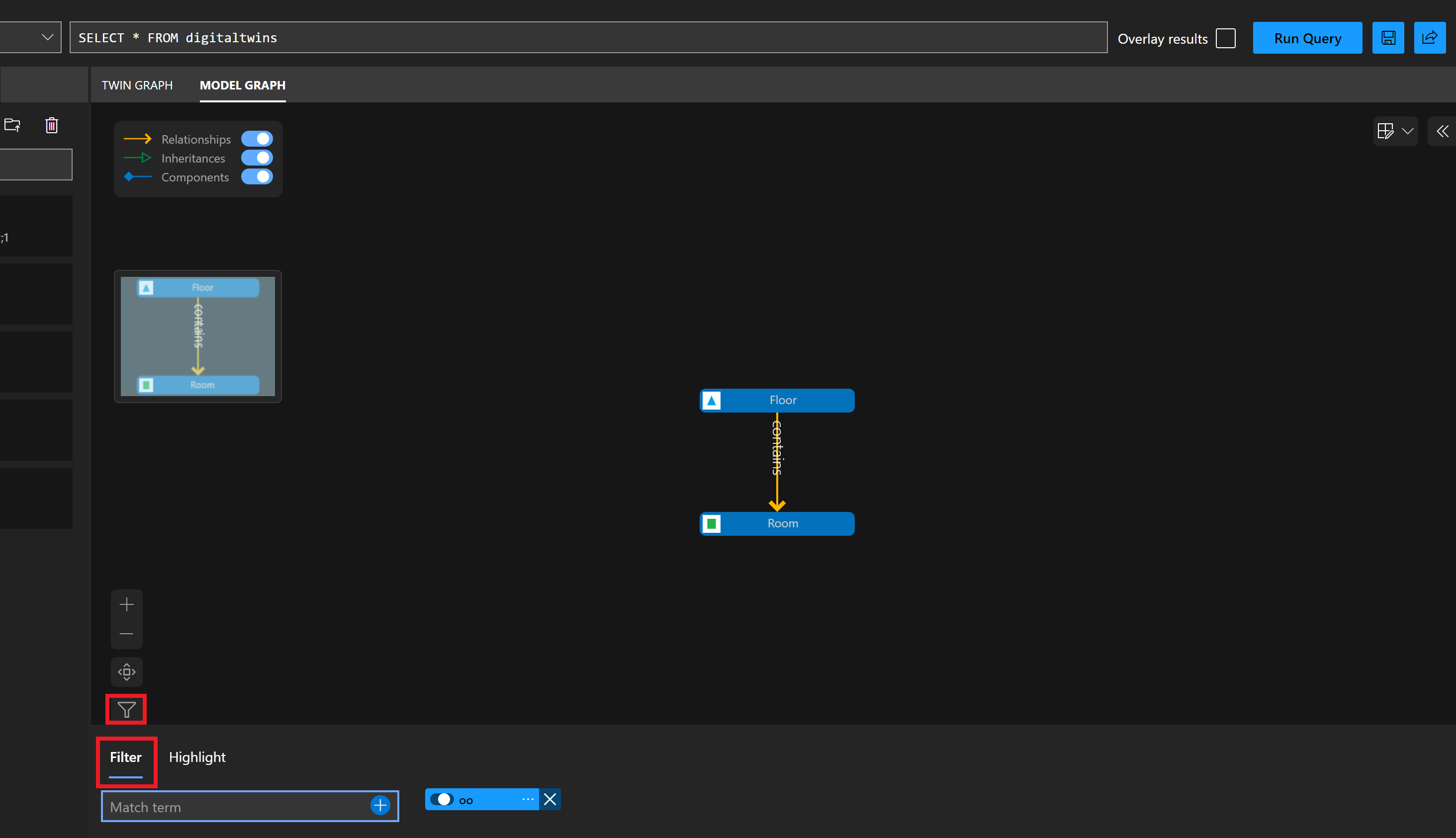 Schermopname van het deelvenster Model Graph van Azure Digital Twins Explorer. Het pictogram tekstfilter is geselecteerd, met het tabblad Filter, waar u een zoekterm kunt invoeren.