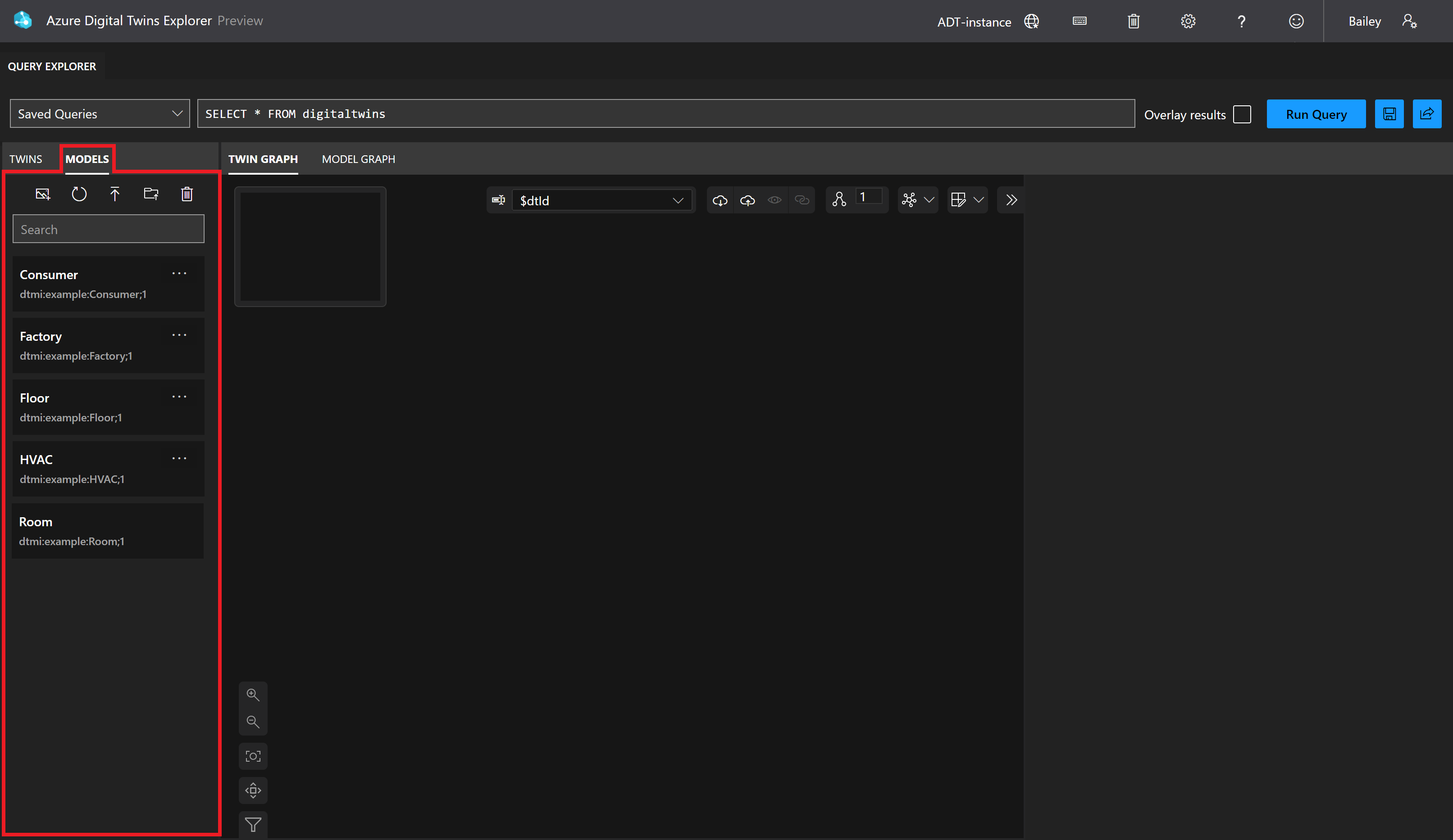 Schermopname van Azure Digital Twins Explorer. Het deelvenster Modellen is gemarkeerd.