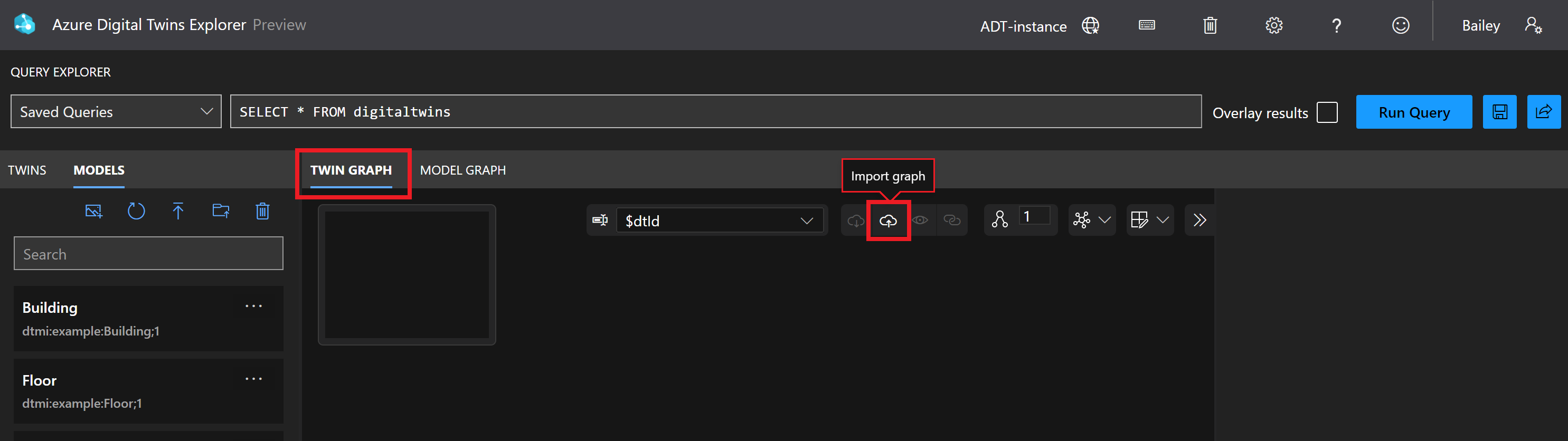 Schermopname van het deelvenster Azure Digital Twins Explorer Twin Graph. De knop Grafiek importeren is gemarkeerd.