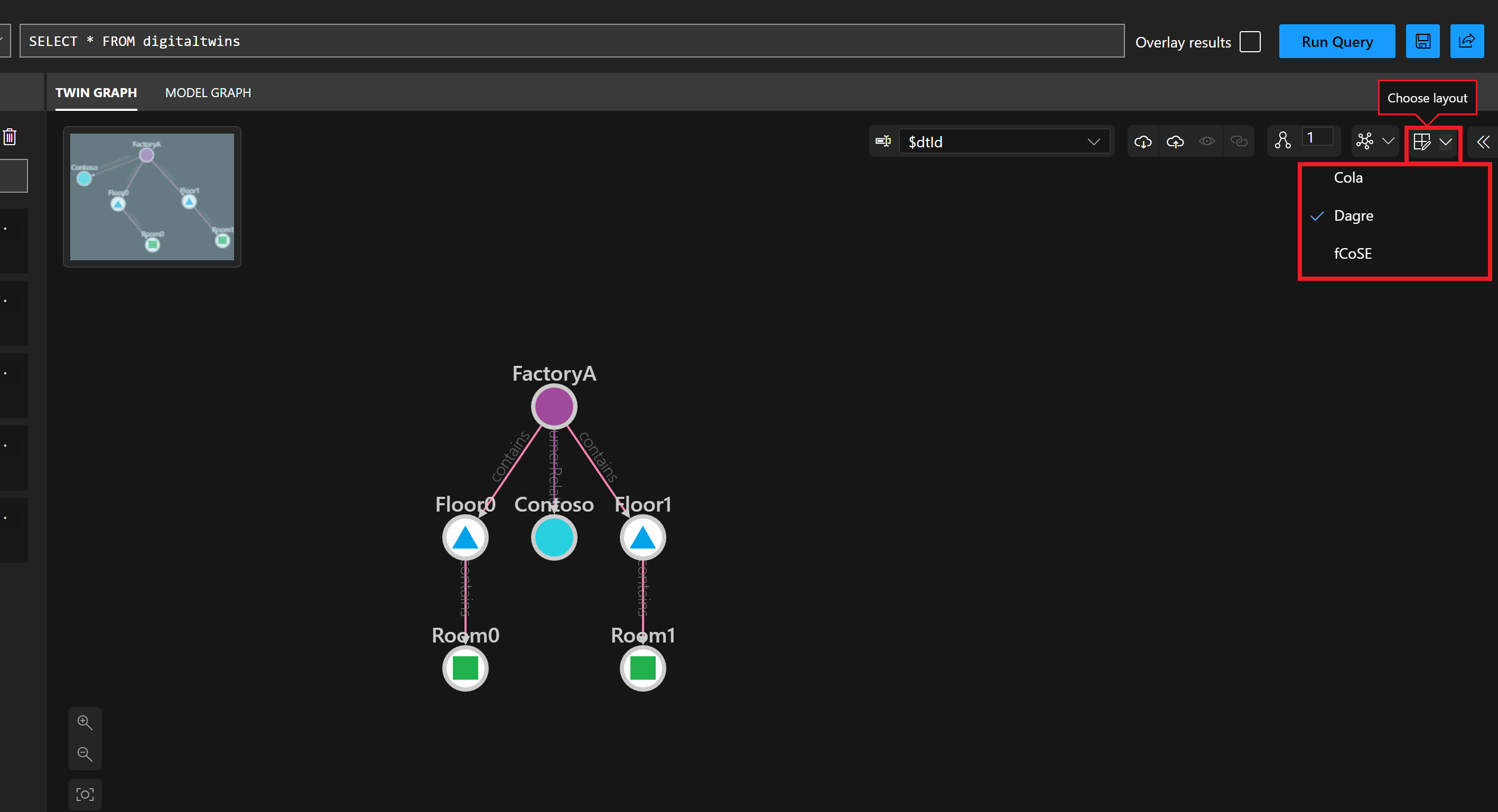 Schermopname van het deelvenster Azure Digital Twins Explorer Twin Graph. De knop Indeling kiezen is gemarkeerd, met een menu met de indelingsopties Cola, Dagre, fCoSE en Klay.