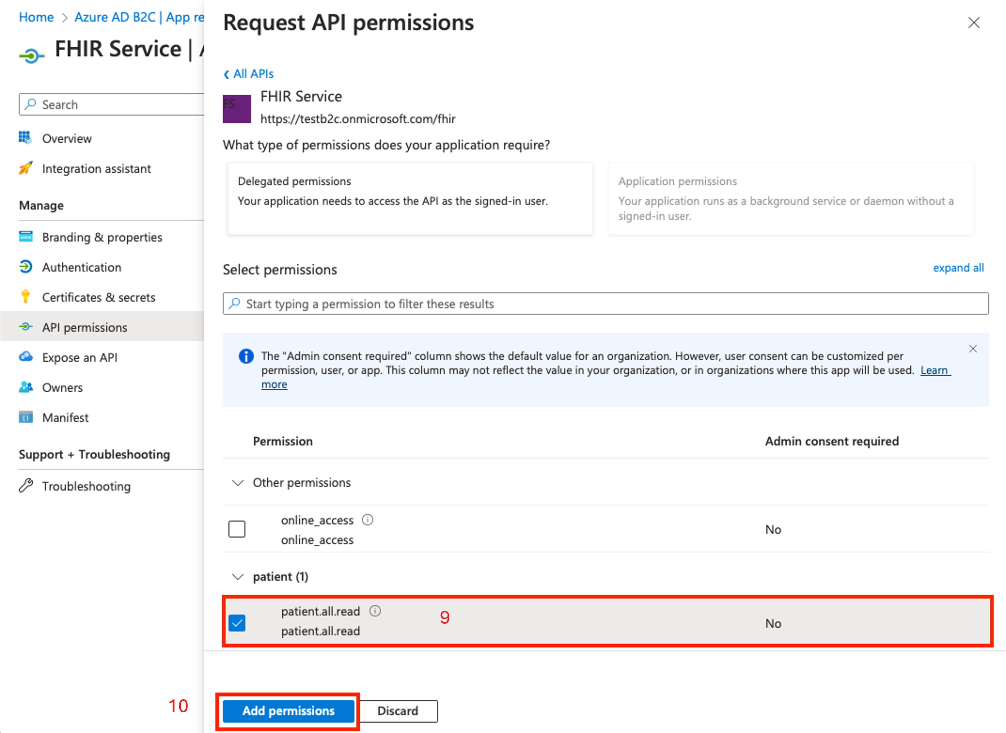 Schermopname van B2C API-machtigingen met toegevoegde machtigingen.