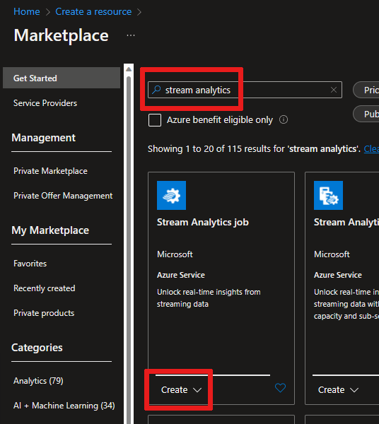 Screenshot showing where to find the Stream Analytics job service in the Marketplace and where to create a new job.