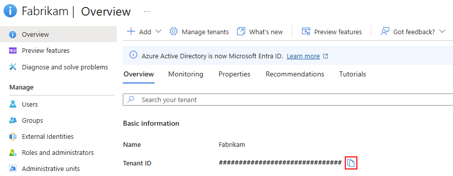 Schermopname van de pagina Eigenschappen van Microsoft Entra-id met de knop Kopiëren van tenant-id geselecteerd.