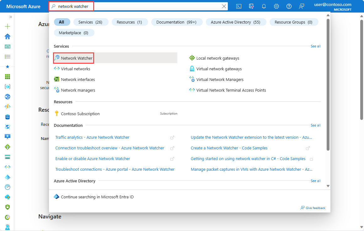 Schermopname van het zoeken naar Network Watcher in Azure Portal.
