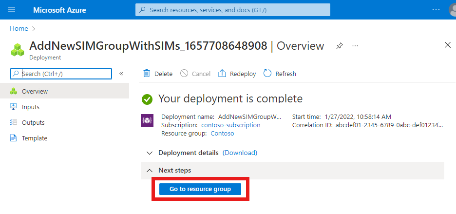 Schermopname van de Azure Portal met een voltooide implementatie van simgroep en SIM-resources via een J S O N-bestand. De knop Ga naar resource is gemarkeerd.