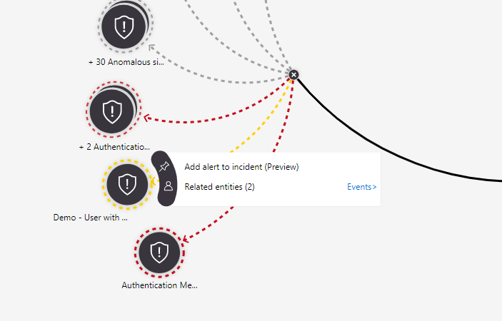 Screenshot of adding an alert to an incident in the investigation graph.
