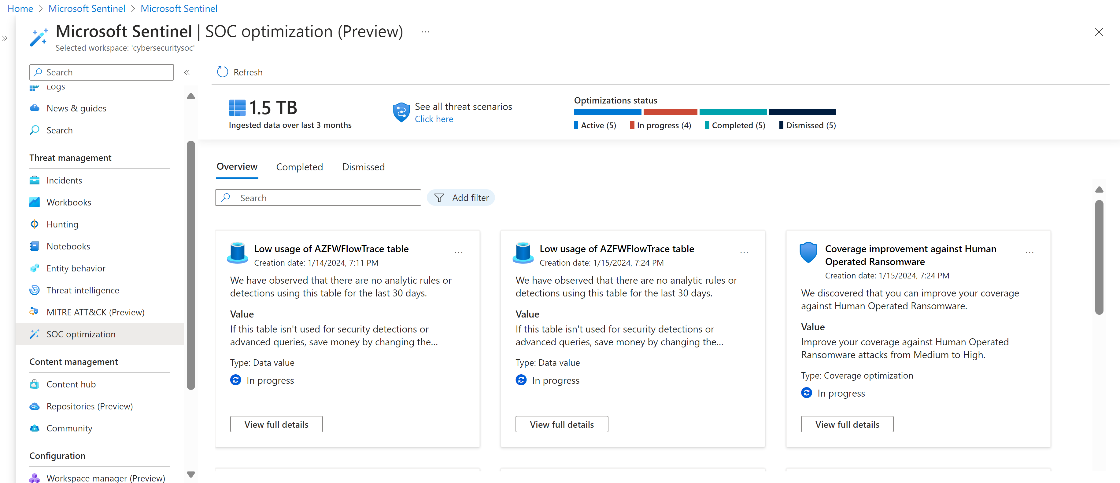 Schermopname van het tabblad Overzicht van SOC-optimalisatie in Azure Portal.