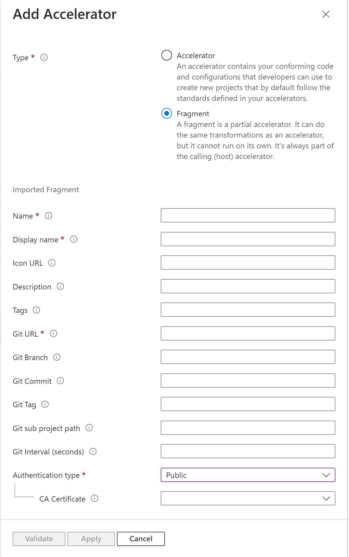 Schermopname van Azure Portal met de aangepaste accelerators van het type Fragment.