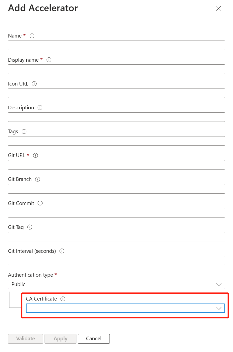 Schermopname van Azure Portal met het deelvenster Accelerator toevoegen.