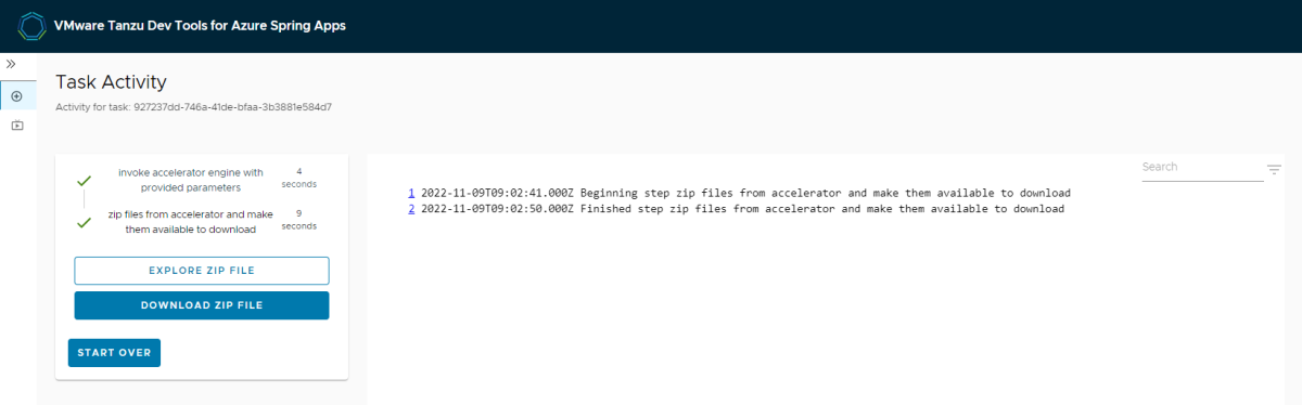 Schermopname van de VMware Tanzu Dev Tools voor Azure Spring Apps met het deelvenster Taakactiviteit.
