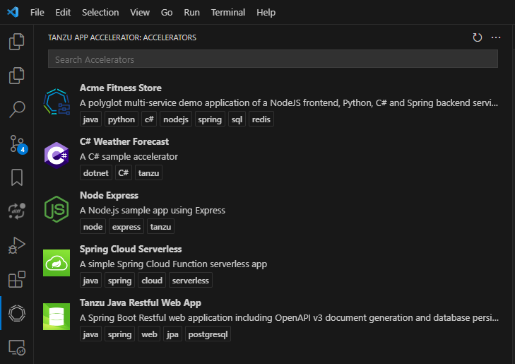 Schermopname van VS Code met de lijst met App Accelerator-extensies.