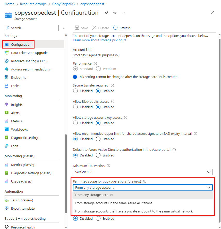 Screenshot showing how to disallow Shared Key access for a storage account.