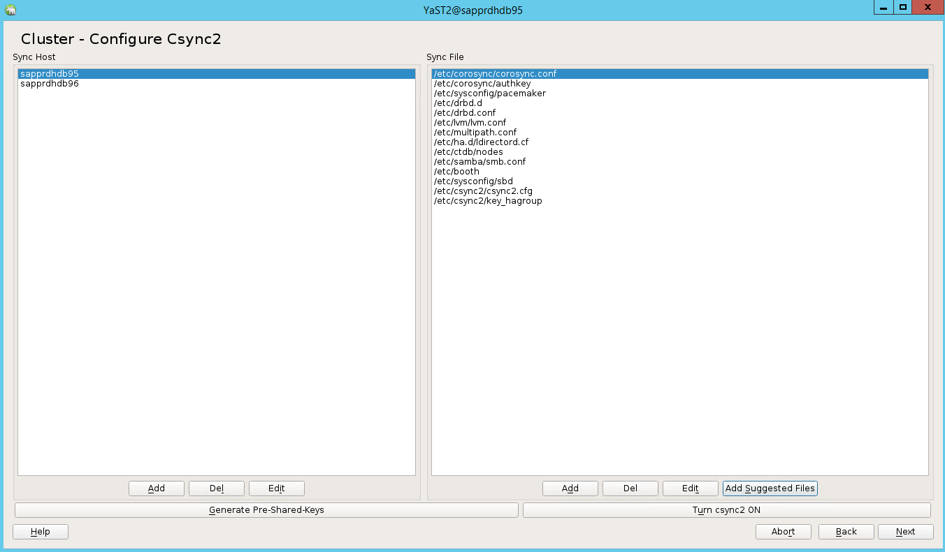 Schermopname van het venster Cluster configureren met de lijsten Host synchroniseren en Synchronisatiebestand.