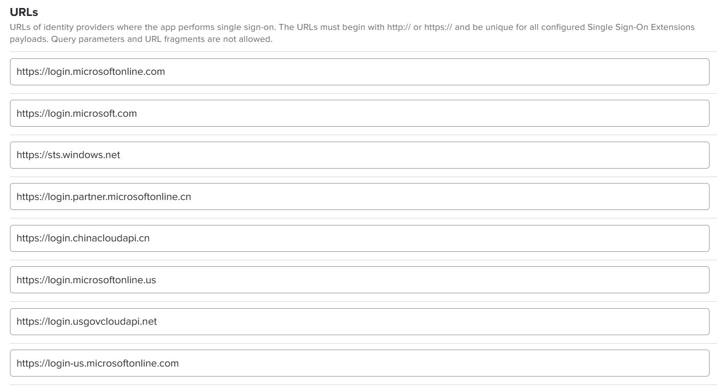 Schermopname van de Jamf Pro-portal en de URL's voor eenmalige aanmelding voor iOS-/iPadOS-apparaten.